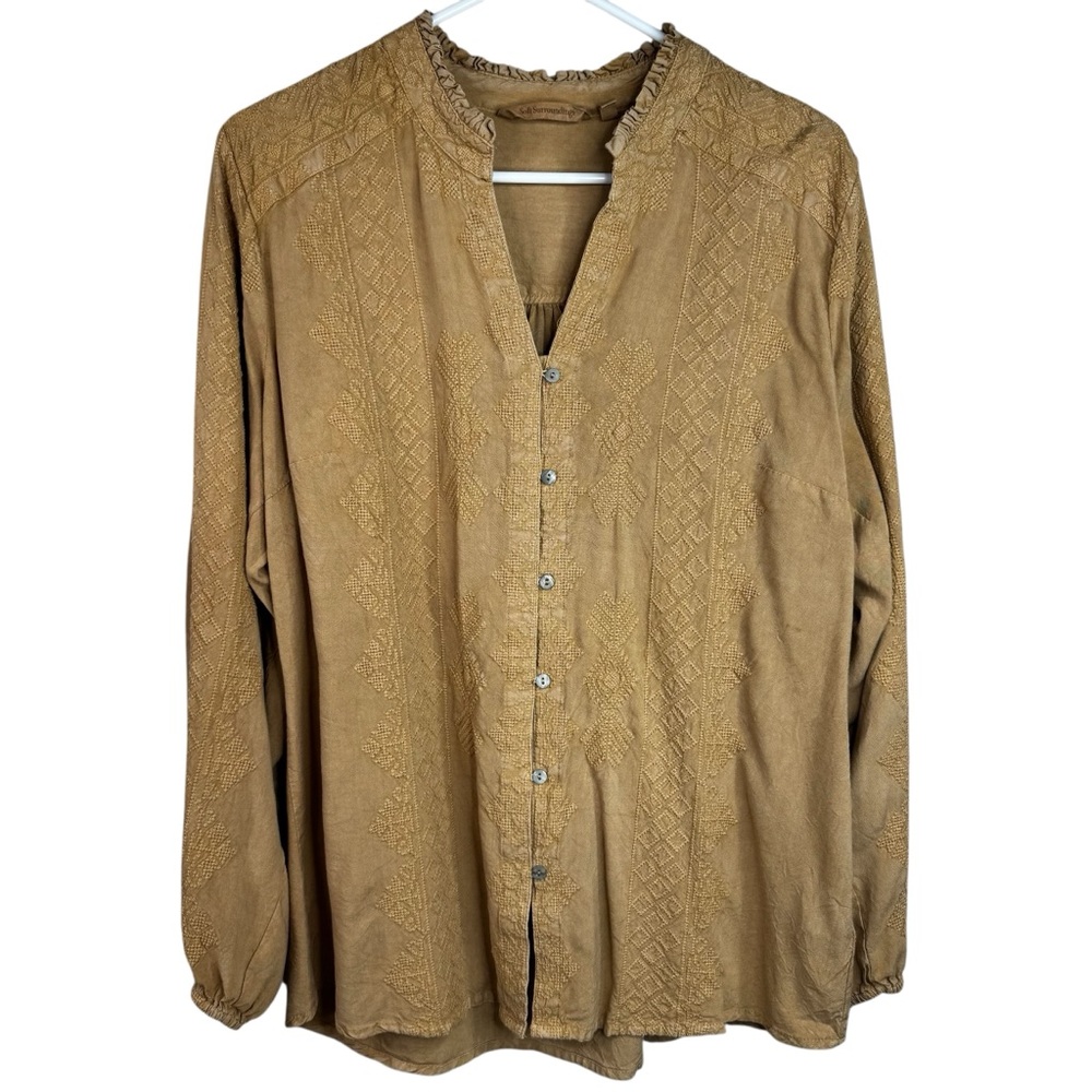 Soft Surroundings Womens L River Valley Clay Embroidered Tunic Blouse